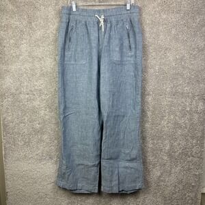 Athleta Cabo Linen Wide Leg Pants Womens Size 14 Blue Drawstring‎ Waist